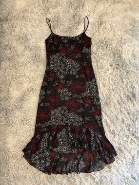 Perseption Black Slip Dress with Red and White Floral Print